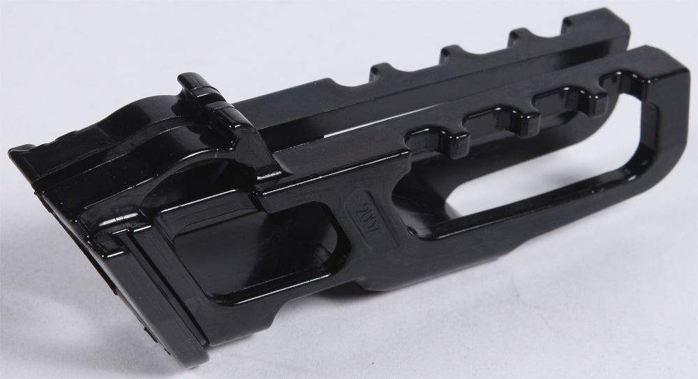 Acerbis black chain guide for motorcycles, shown in close-up detail with mounting hardware and sleek black finish.