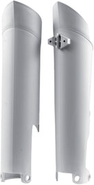 Acerbis white fork guard for motorcycle suspension, with protective design and branding details visible on the product.