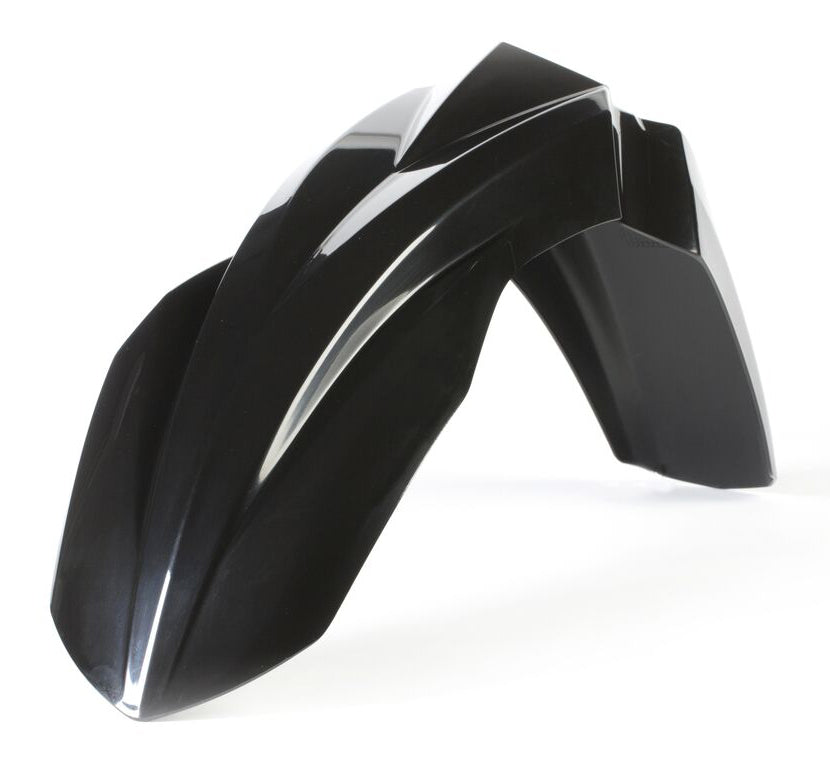 Acerbis black front fender for motorcycles, featuring a sleek design and durable plastic construction.
