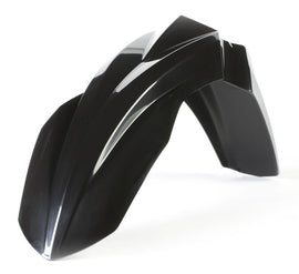 Acerbis black front fender for motorcycle, made of durable plastic, designed to fit various dirt bike models.