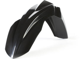 Acerbis black front fender for motorcycles, showcasing a sleek, durable design suitable for off-road or motocross bikes.