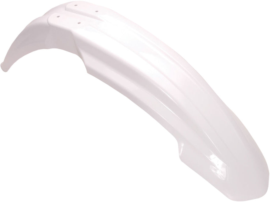 Acerbis white front fender for motorcycle, showing smooth plastic surface and mounting points for installation.