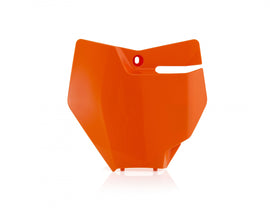 Orange Acerbis front number plate for motorcycles, featuring durable design and bold color for high visibility.