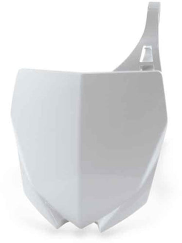 Acerbis white front number plate for motorcycle, featuring the brand logo and mounting holes on a clean white background.