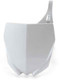 Acerbis white front number plate for motorcycle, featuring the brand logo and mounting holes on a clean white background.