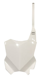Acerbis white front number plate for motorcycles, featuring a sleek design and mounting holes for easy installation.