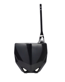 Acerbis front number plate for Yamaha bikes, black plastic, with mounting holes, designed for motorcycle front end protection.