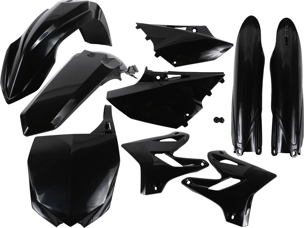 Acerbis full plastic kit in black, including various panels and components, designed for motorcycle or dirt bike customization.