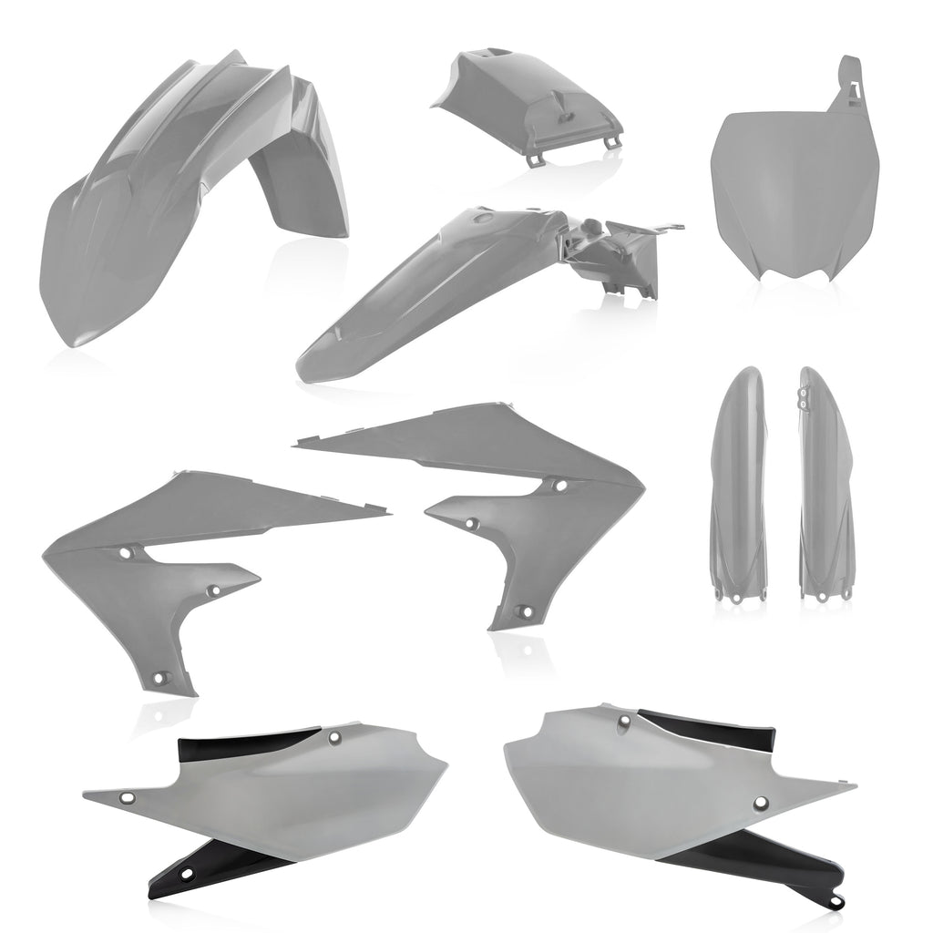 Acerbis full plastic kit in grey, designed for motorcycle protection, showing various plastic panels and components.