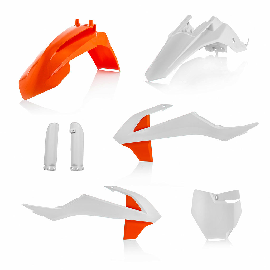 Acerbis full plastic kit for KTM motorcycle, including front and rear panels, in original white color.