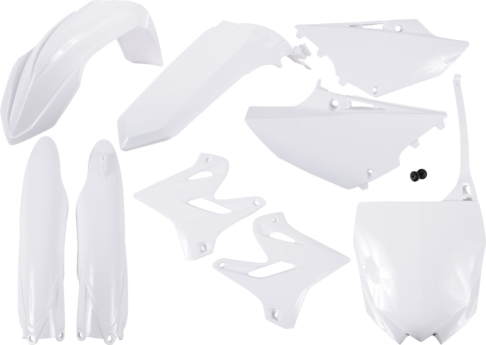 Acerbis full plastic kit in white with various panels and parts, designed for motorcycle or dirt bike customization.