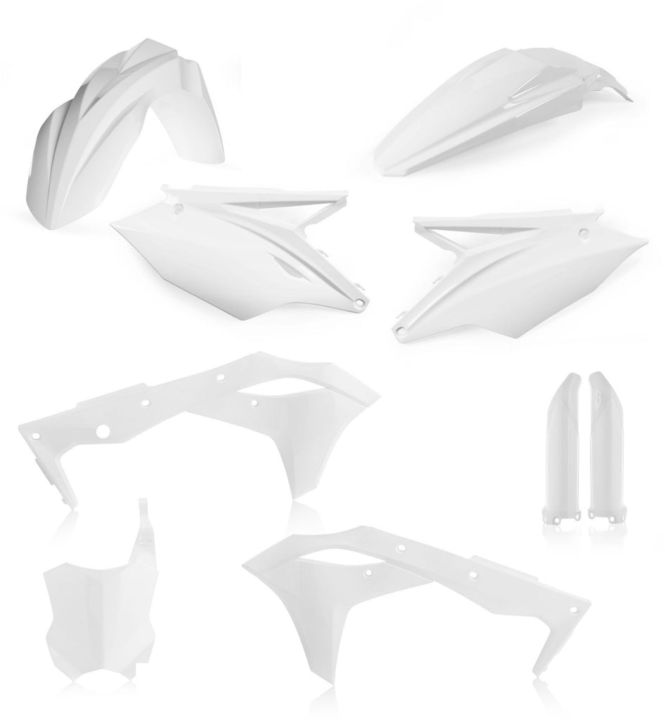 Acerbis full plastic kit in white, designed for motorcycle customization, featuring durable plastic parts for a clean look.