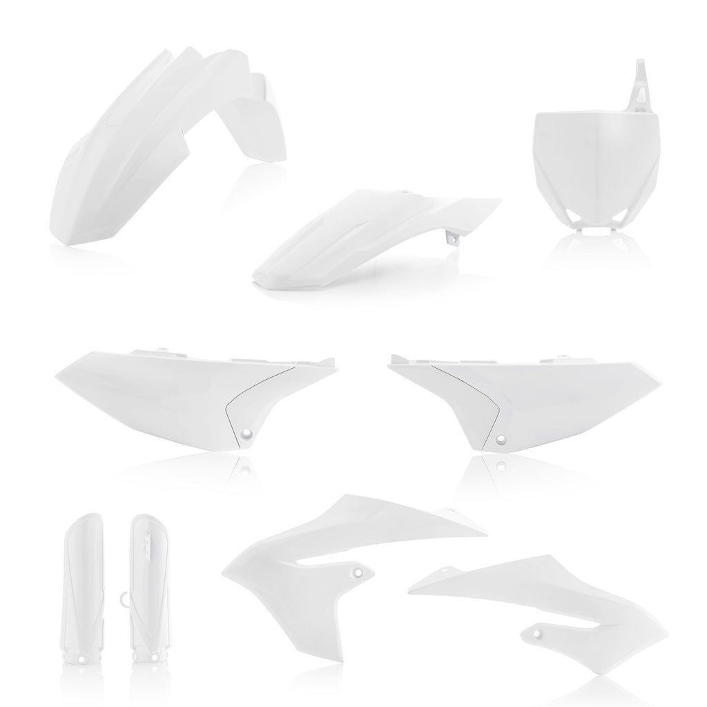 Acerbis full plastic kit in white, designed for motorcycle protection, featuring various plastic panels and components.