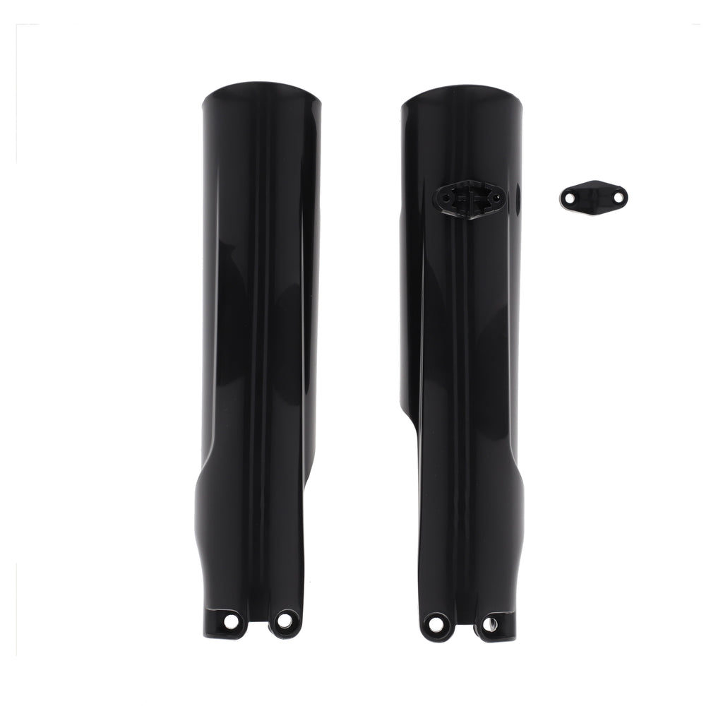 Acerbis black lower fork cover set for KTM motorcycles, featuring durable plastic covers for front suspension protection.