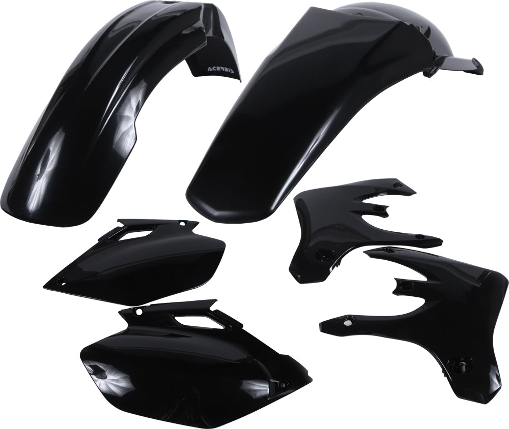 Acerbis black plastic kit for motorcycle, includes various black plastic parts, designed for durable motorcycle protection and customization.
