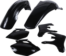 Acerbis black plastic kit for motorcycle, includes various black plastic parts, designed for durable motorcycle protection and customization.