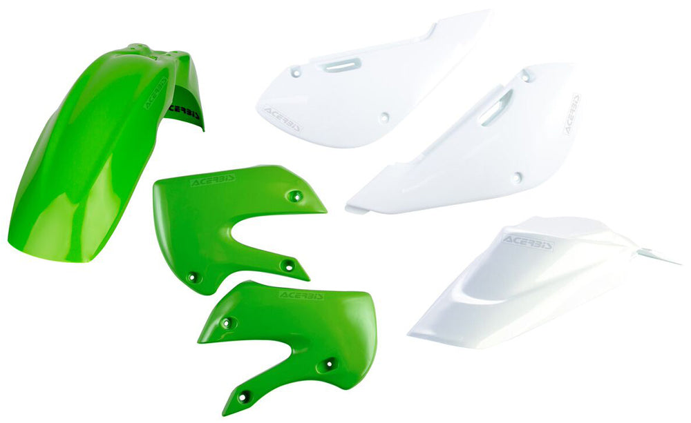 Green Acerbis Plastic Kit for motorcycles, includes various replacement parts, designed for durability and fit.