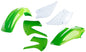 Acerbis green plastic kit with various replacement parts for motorcycle, designed for durability and easy installation.