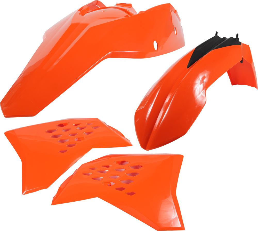 Acerbis orange plastic kit with various components, designed for motorcycle customization and replacement.