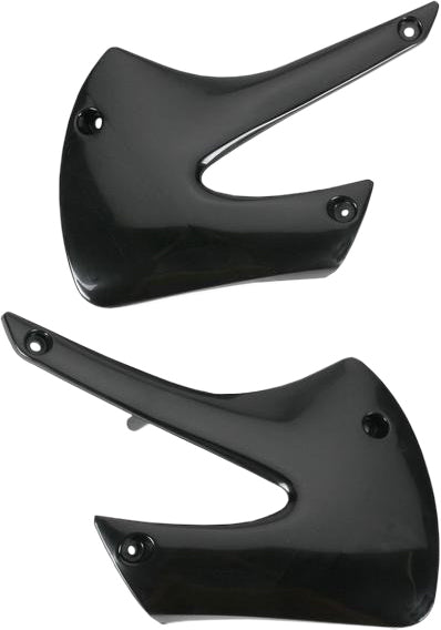 Black Acerbis radiator shrouds for motorcycle, featuring a sleek design and durable construction for optimal cooling and protection.