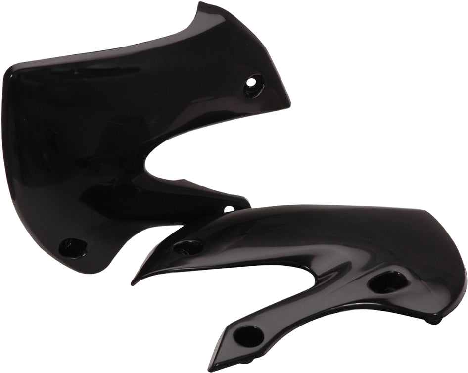 Black Acerbis radiator shrouds for motorcycles, featuring a sleek design and durable construction.