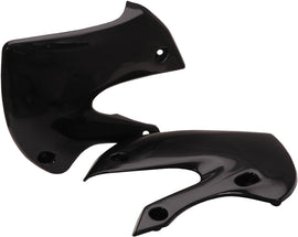 Black Acerbis radiator shrouds for motorcycles, featuring a sleek design and durable construction.