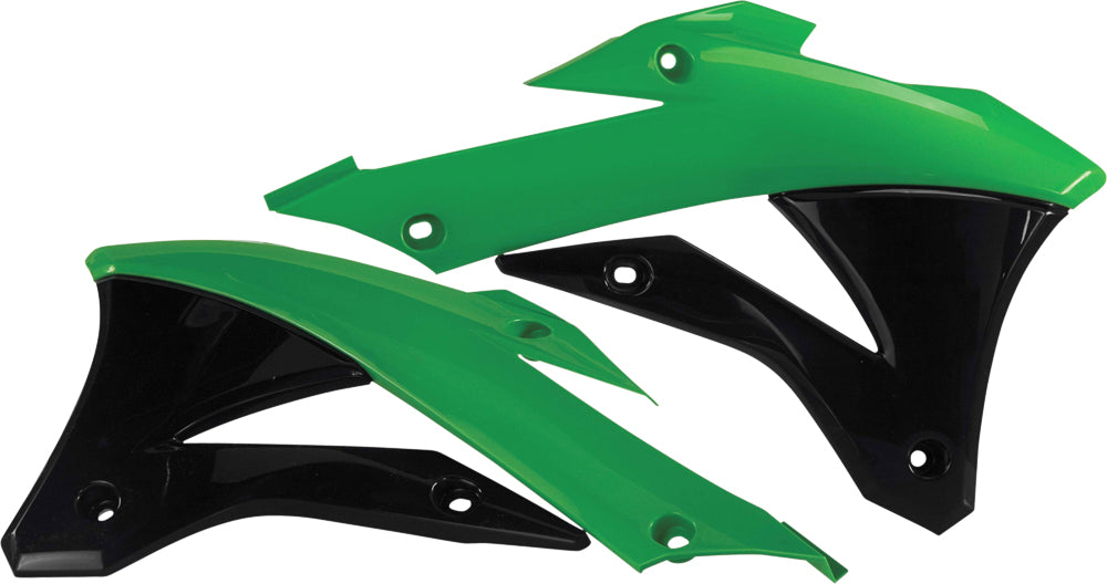 Acerbis radiator shrouds in green and black for motorcycle cooling system, featuring a sleek, aerodynamic design.