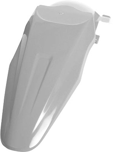 Acerbis white rear fender for motorcycle, showing smooth plastic surface with mounting details and product label.