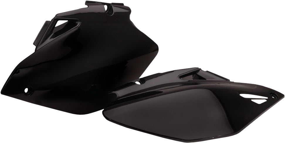 Black Acerbis side panels for motorcycle, model 1591-3905, shown in the image with detailed close-up and mounting points.