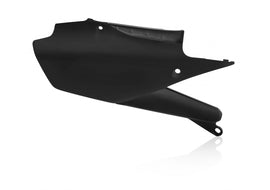 Black Acerbis side panels for motorcycle, model 26858-80001, shown mounted on bike in a close-up view.