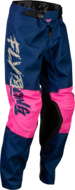 Fly Racing Youth Kinetic Khaos pants in pink, navy, and tan, size 22, featuring durable motocross gear design.