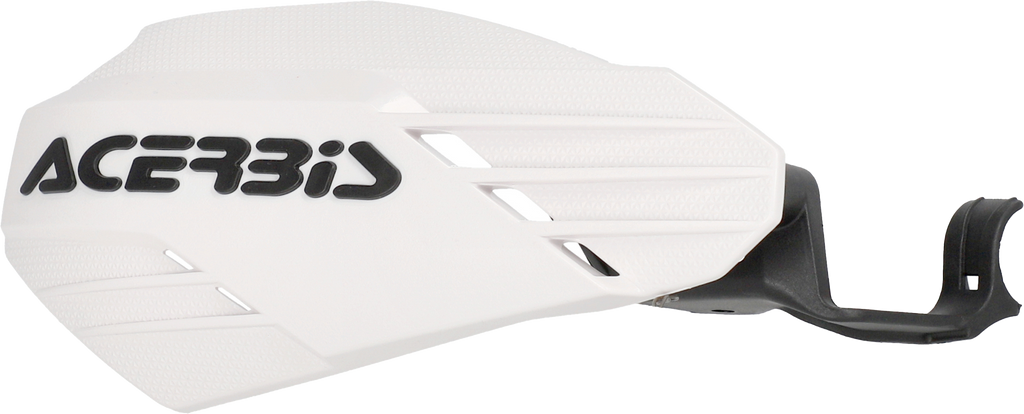 Acerbis K-Linear handguard in white and black, mounted on a motorcycle handlebar, showing its sleek protective design