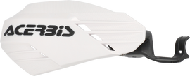 Acerbis K-Linear handguard in white and black, mounted on a motorcycle handlebar, showing its sleek protective design