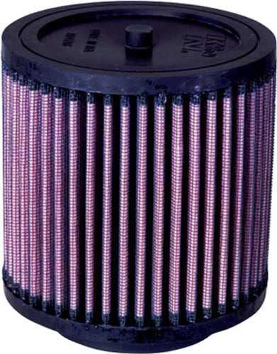K&N Air Filter 735000 for vehicle, close-up of reusable, high-performance air filter with pleated design and branded logo.