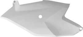 White Polisport Plastics side panels for body, model 64-6030, shown on a motorcycle with detailed view of the panels.