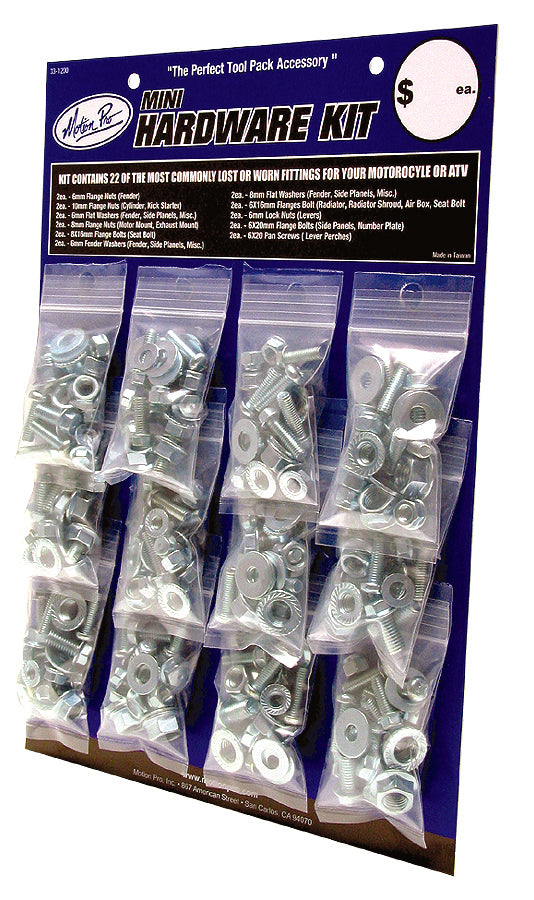 Motion Pro Mini Hardware Kit in zinc finish with 12 pieces, includes small fasteners and fittings for motorcycle or bike repairs.