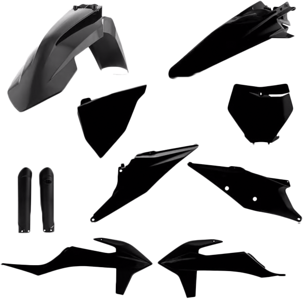 Acerbis full plastic kit for KTM, black body panels, includes front and rear fenders and side covers, designed for KTM motorcycles.