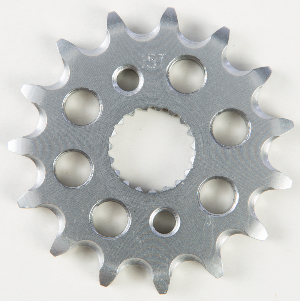 Steel Fire Power 15-tooth front CS sprocket for 420 chain, durable motorcycle part with precise machining and black finish.