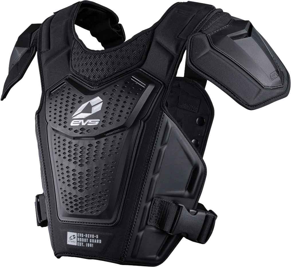 EVS Revo 5 Roost Deflector in black and white, large/x-large size, showing the protective chest and shoulder padding with logo.