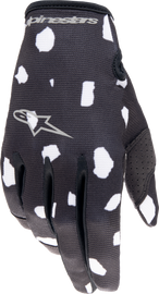 Alpine Star Radar Gloves in black and white, showing the textured fabric, adjustable wrist strap, and branding details.