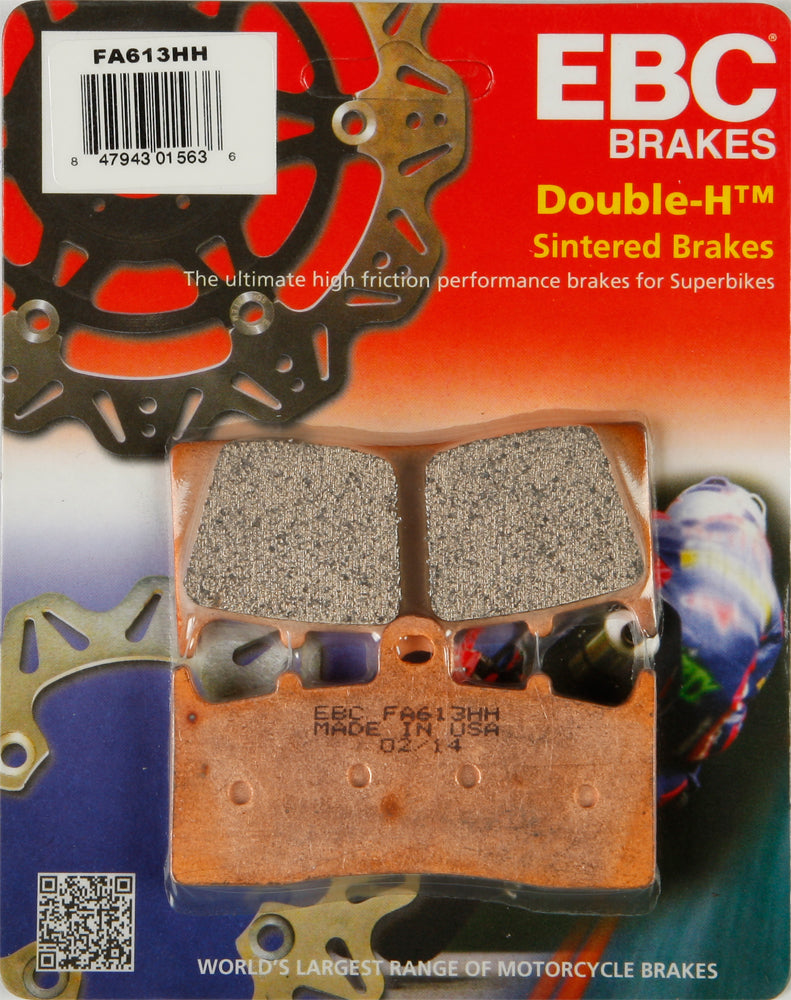 EBC Motorcycle Brakes FA613HH Double-H Sintered Brake Pads showing metallic surface and product packaging.
