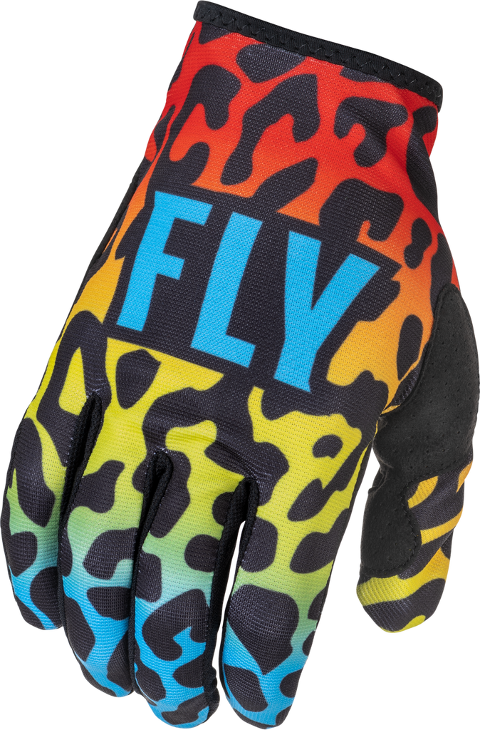 Fly Racing Lite S.E. Exotic gloves in red, yellow, and blue with large size, showing vibrant color details and textured fabric.