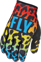 Load image into Gallery viewer, Fly Racing Lite S.E. Exotic gloves in red, yellow, and blue with large size, showing vibrant color details and textured fabric.