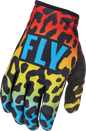 Fly Racing Lite S.E. Exotic gloves in red, yellow, and blue with large size, showing vibrant color details and textured fabric.