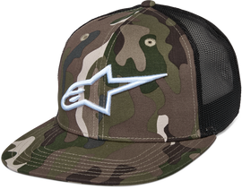 Alpine Star Corp Trucker hat in green camo and black with adjustable mesh back and embroidered logo on front.