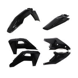 Acerbis Black Plastic Kit Hus body panels with matte finish, designed for Hus motorcycle models, featuring multiple components.
