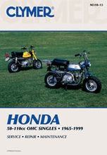 Load image into Gallery viewer, Clymer repair manual for Honda 50-100cc engines, showing detailed diagrams and instructions for motorcycle maintenance.