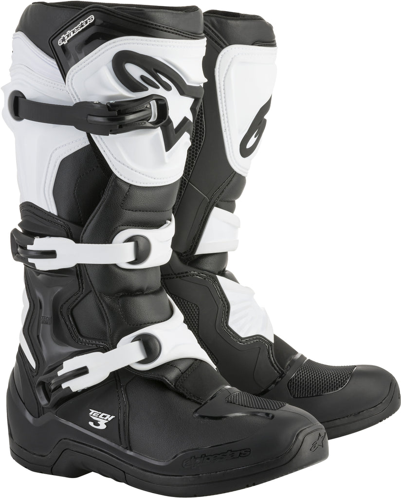 Alpine Star Tech 3 motorcycle boots in black and white, size 12, showing sturdy construction and protective features.