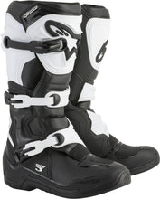 Load image into Gallery viewer, Alpine Star Tech 3 motorcycle boots in black and white, size 12, showing sturdy construction and protective features.