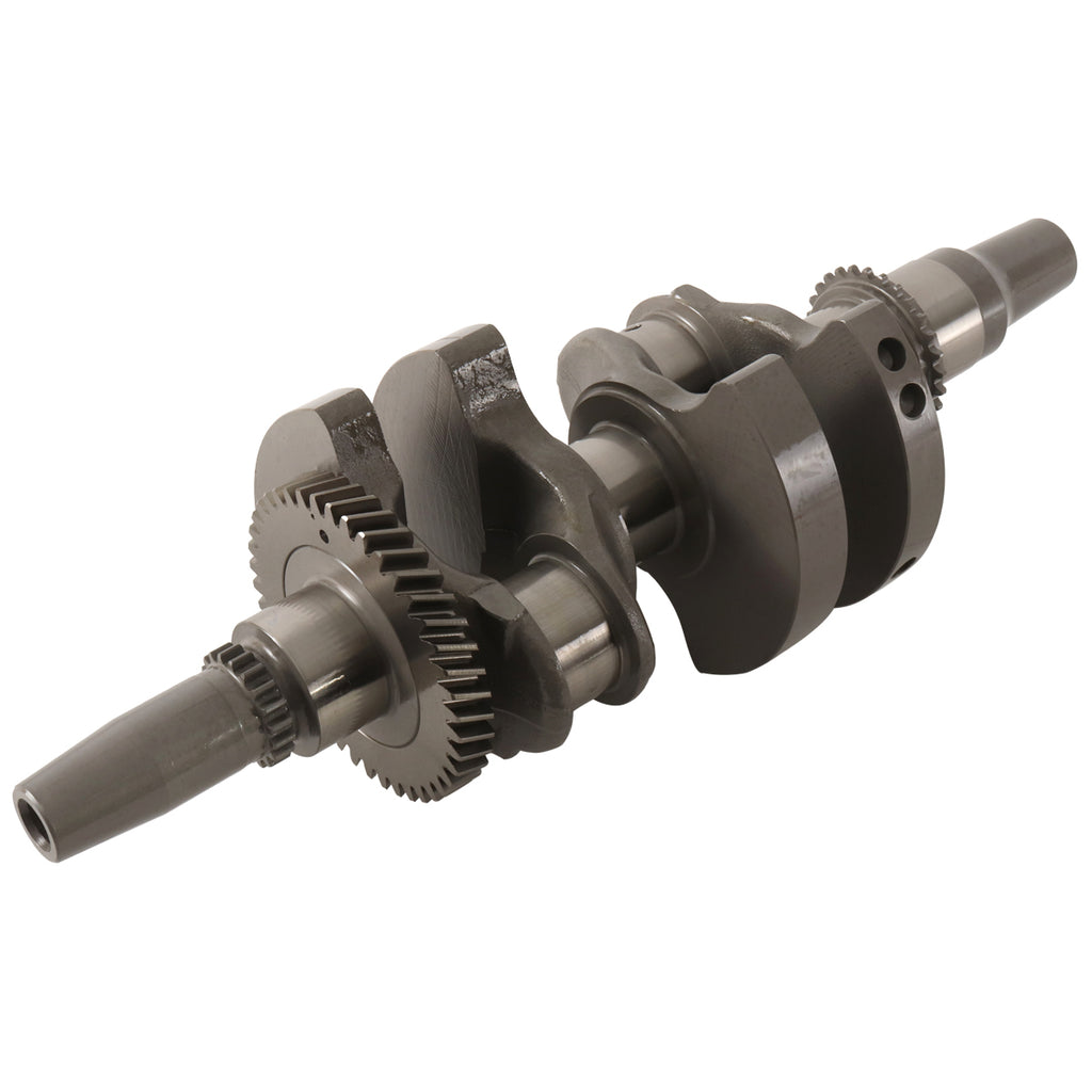 Hot Rods engine crankshaft without rods, polished metal with detailed machining, designed for high-performance automotive engines.